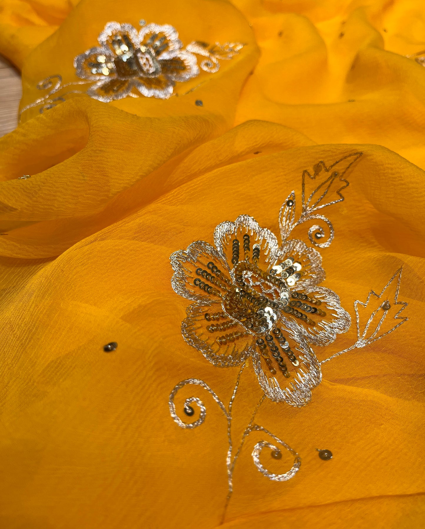 ( DELIVERY IN 30 DAYS ) MUSTARD COLOUR CHIFFON EMBROIDERED SAREE EMBELLISHED WITH AARI & SEQUINS WORK