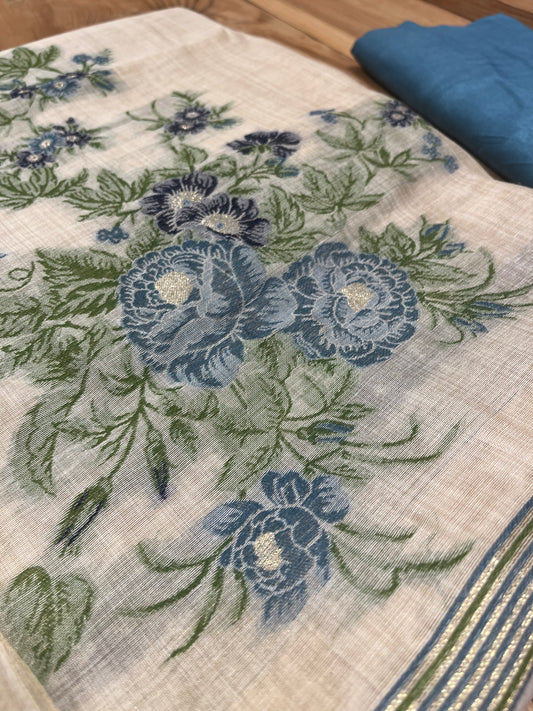 CREAM CHANDERI JAMDANI UNSTITCHED SUIT SET