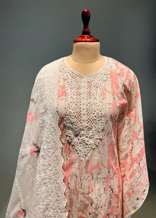 PINK COLOUR LINEN UNSTITCHED SUIT WITH HAND PAINTED DUPATTA