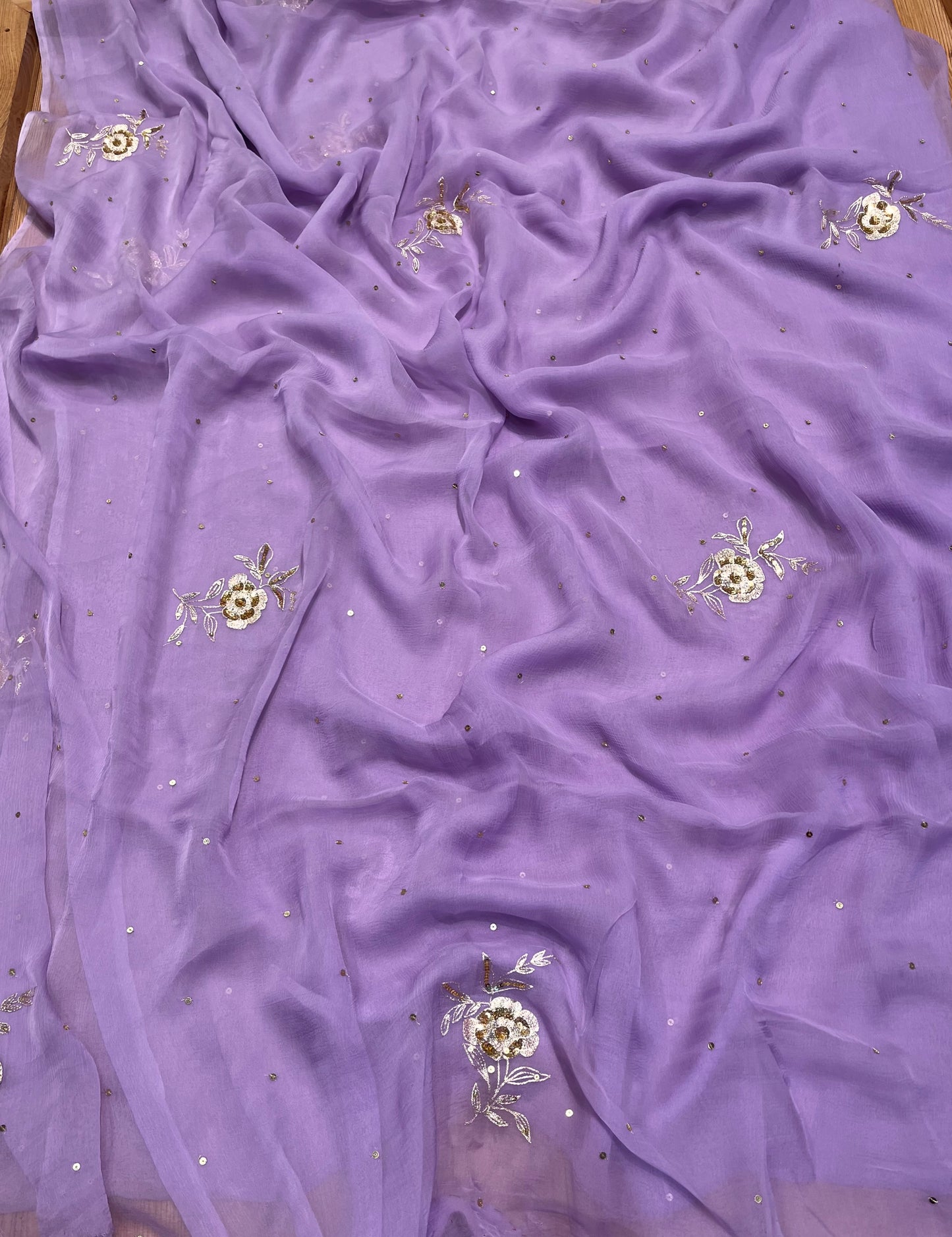 ( DELIVERY IN 30 DAYS ) LAVENDER COLOUR CHIFFON EMBROIDERED SAREE EMBELLISHED WITH AARI & SEQUINS WORK