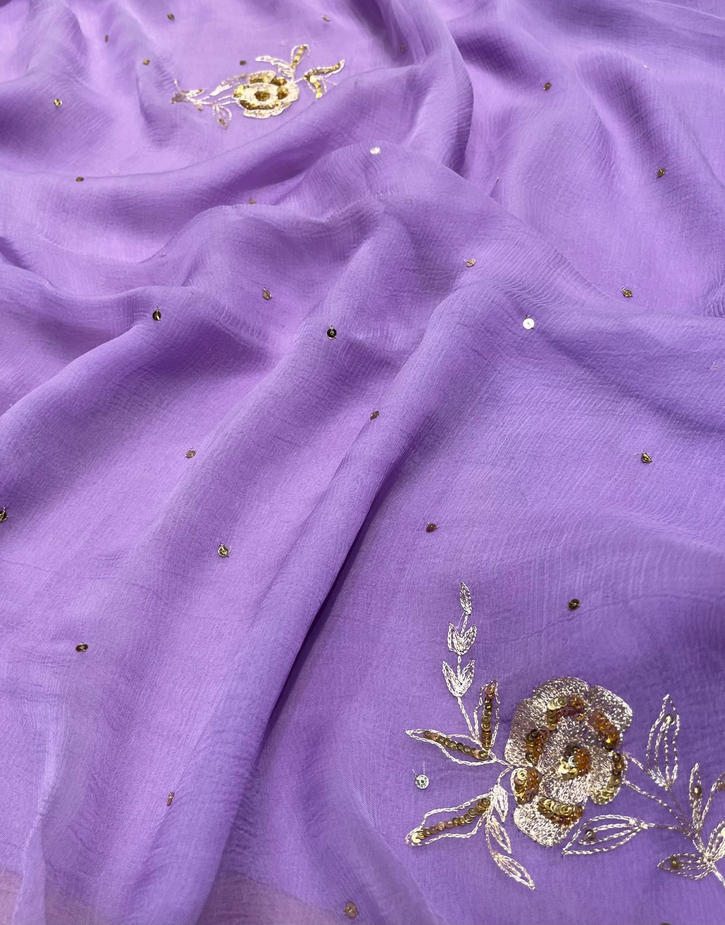 ( DELIVERY IN 30 DAYS ) LAVENDER COLOUR CHIFFON EMBROIDERED SAREE EMBELLISHED WITH AARI & SEQUINS WORK