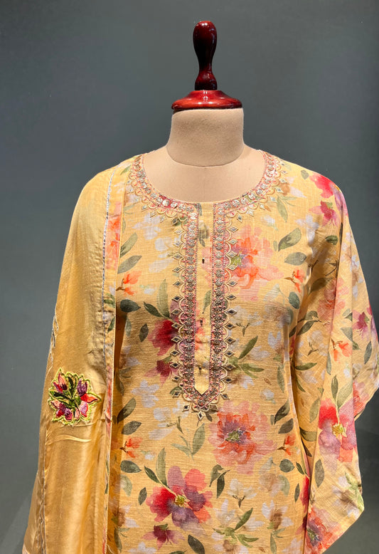 YELLOW COLOUR LINEN UNSTITCHED SUIT EMBELLISHED WITH RESHAM & MIRROR FOIL WORK