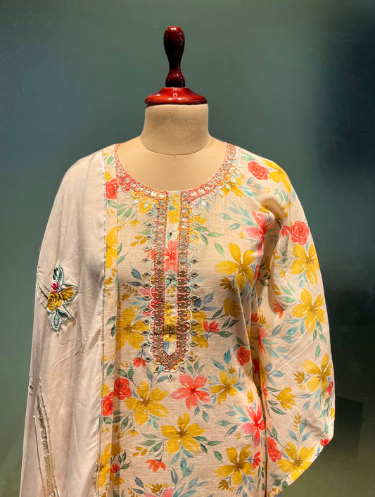 BEIGE COLOUR LINEN UNSTITCHED SUIT EMBELLISHED WITH RESHAM & MIRROR FOIL WORK