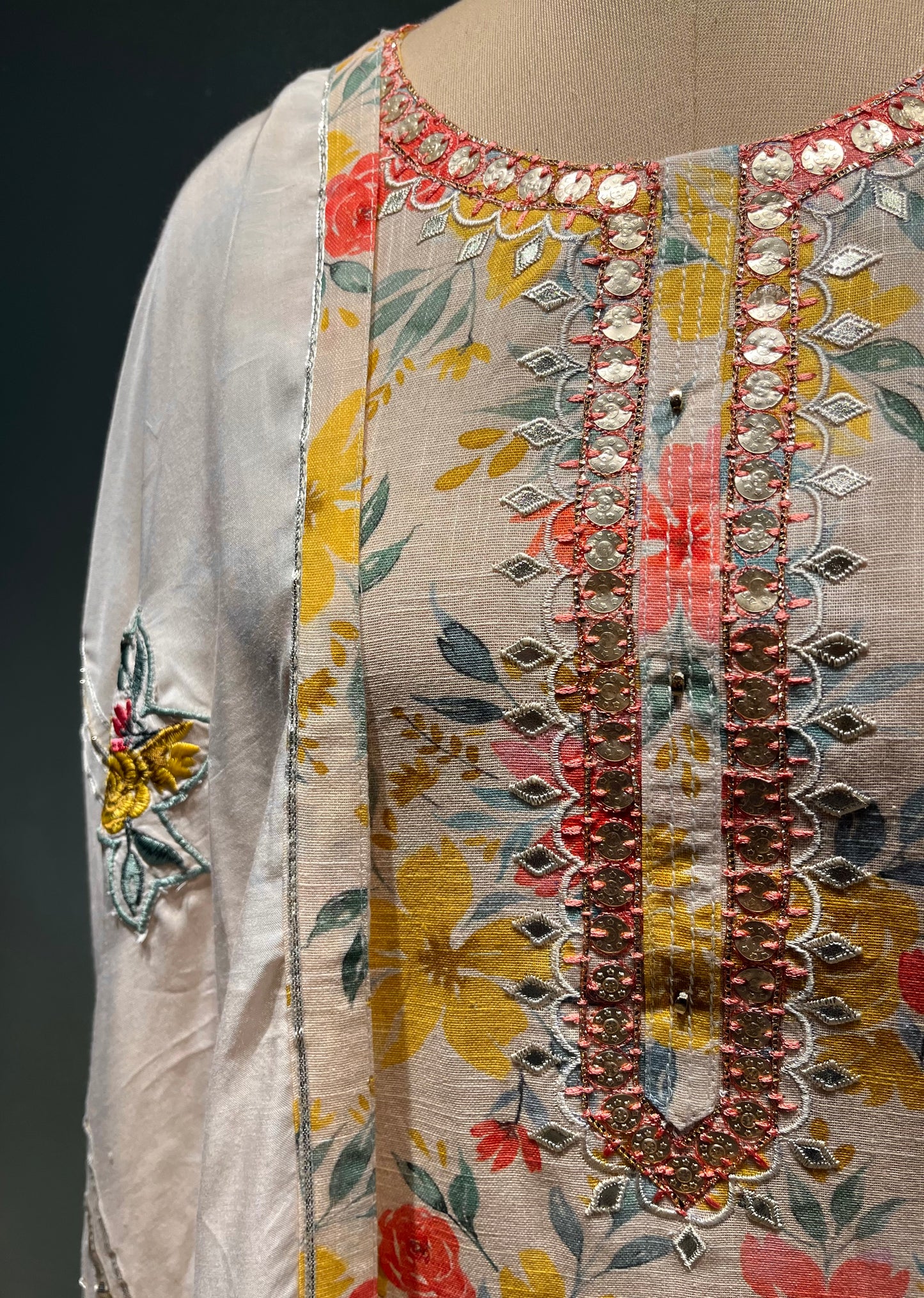 BEIGE COLOUR LINEN UNSTITCHED SUIT EMBELLISHED WITH RESHAM & MIRROR FOIL WORK