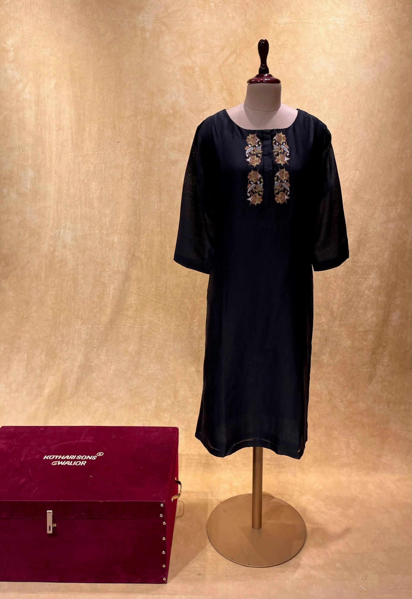 BLACK COLOUR CHANDERI SILK EMBROIDERED KURTI EMBELLISHED WITH KASHMIRI EMBROIDERY BY SIDDHAIKA