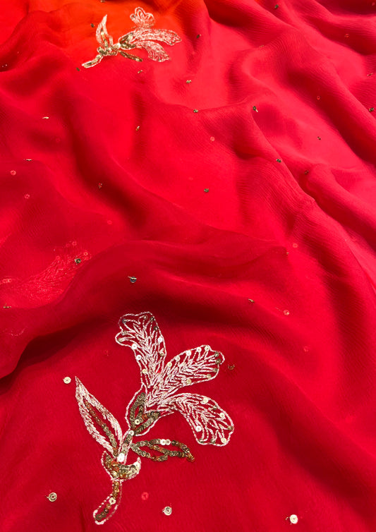 ( DELIVERY IN 30 DAYS ) SHADED CHIFFON EMBROIDERED SAREE EMBELLISHED WITH AARI & SEQUINS WORK