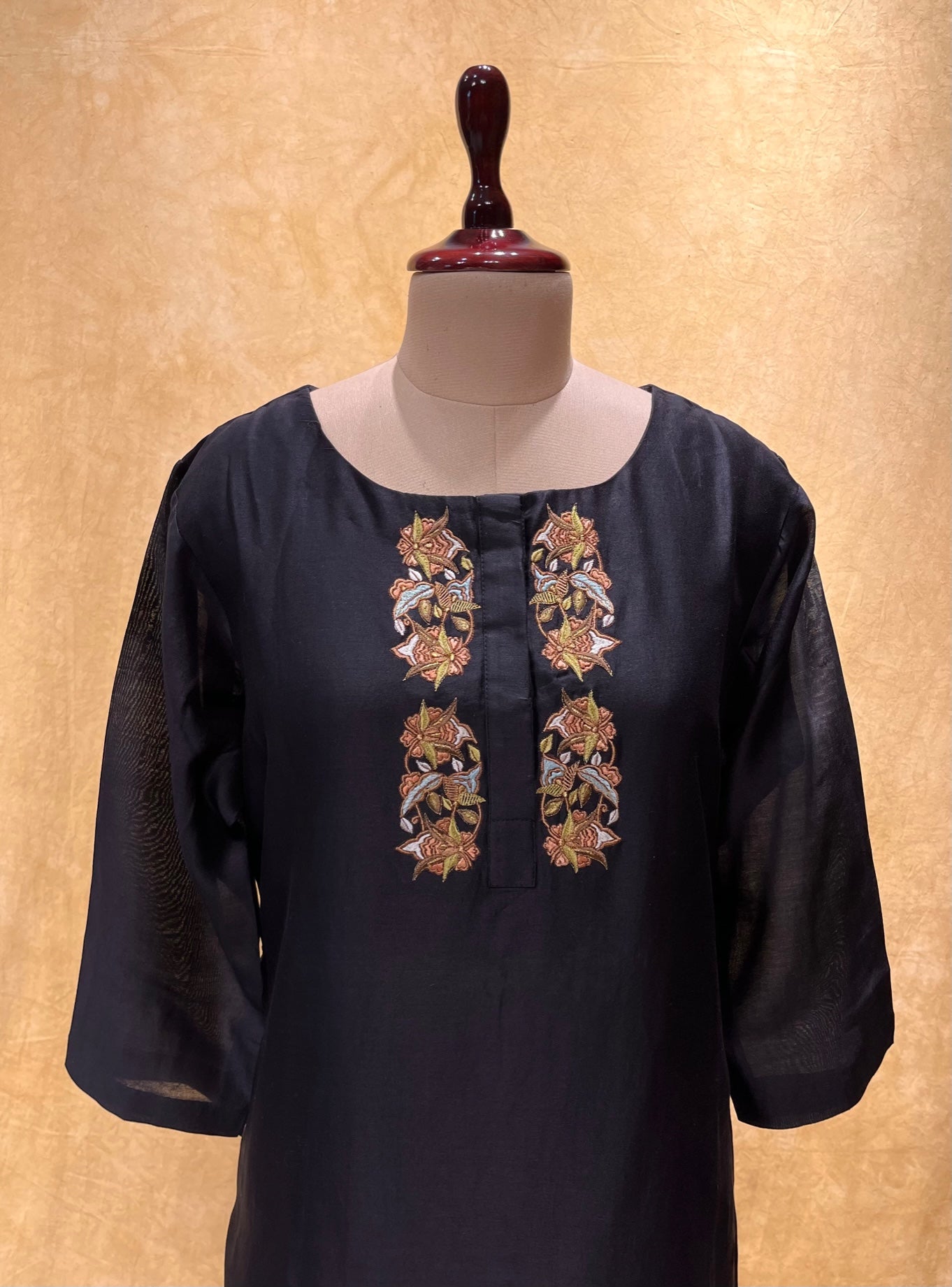BLACK COLOUR CHANDERI SILK EMBROIDERED KURTI EMBELLISHED WITH KASHMIRI EMBROIDERY BY SIDDHAIKA