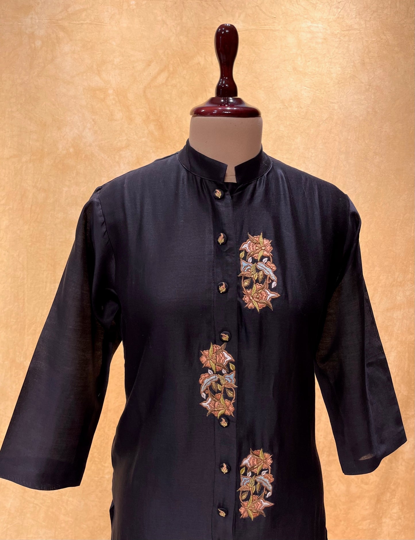 BLACK COLOUR CHANDERI SILK EMBROIDERED KURTI EMBELLISHED WITH KASHMIRI EMBROIDERY BY SIDDHAIKA