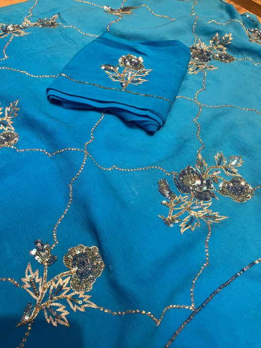 ( DELIVERY IN 20-25 DAYS ) FIROZI COLOUR PURE CHIFFON HAND EMBROIDERED SAREE EMBELLISHED WITH AARI & SEQUINS WORK