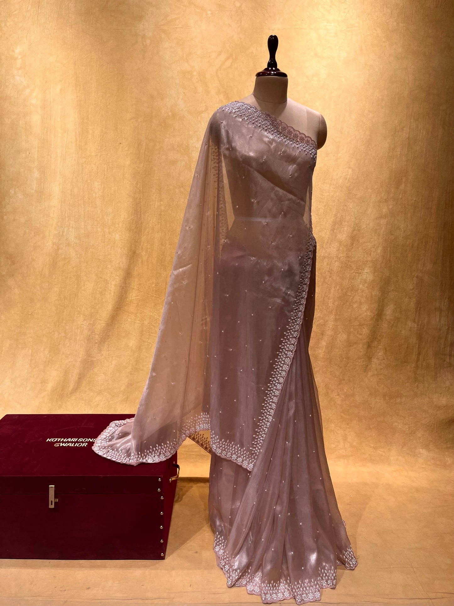 MAUVE COLOUR SOFT TISSUE EMBROIDERED SAREE EMBELLISHED WITH CUTDANA & BEADS WORK