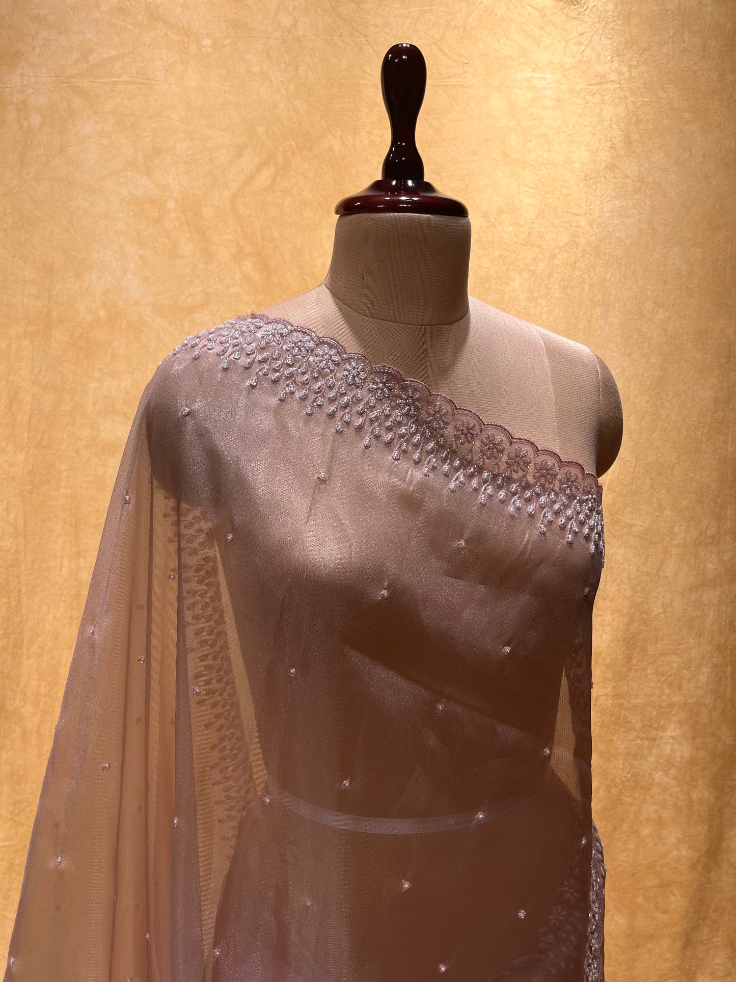 MAUVE COLOUR SOFT TISSUE EMBROIDERED SAREE EMBELLISHED WITH CUTDANA & BEADS WORK