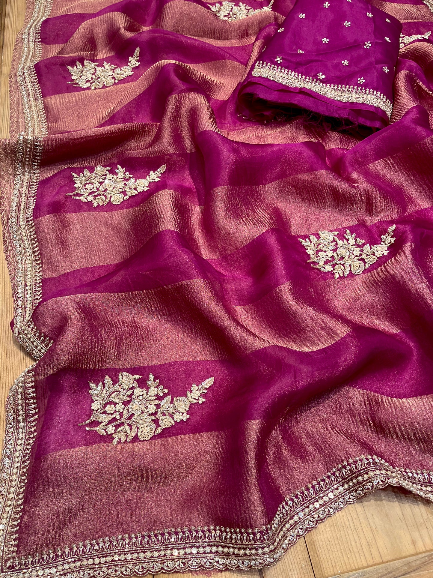 DEEP PINK ORGANZA SAREE, HAND EMBROIDERED WITH ZARDOZI & PEARL WORK