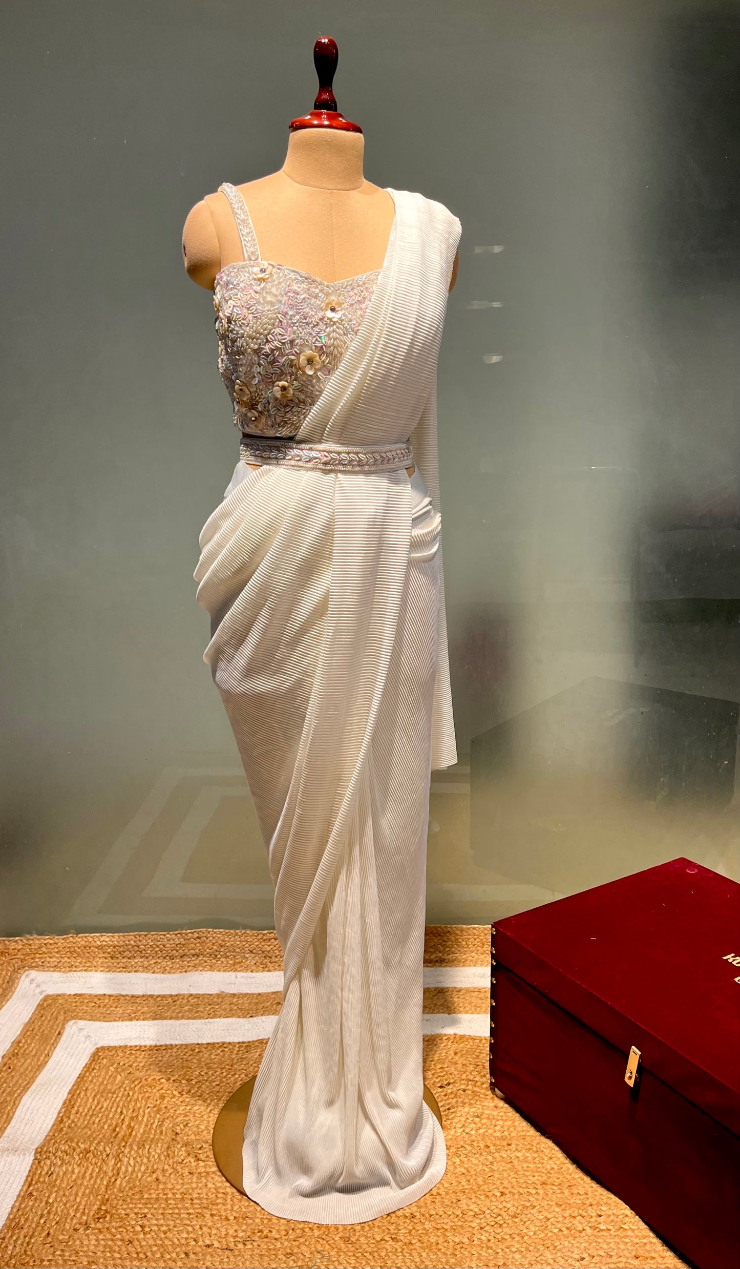 ( DELIVERY IN 25 DAYS ) IVORY COLOUR PLEATED READYMADE SAREE WITH EMBROIDERED BLOUSES EMBELLISHED WITH SEQUINS & BEADS WORK