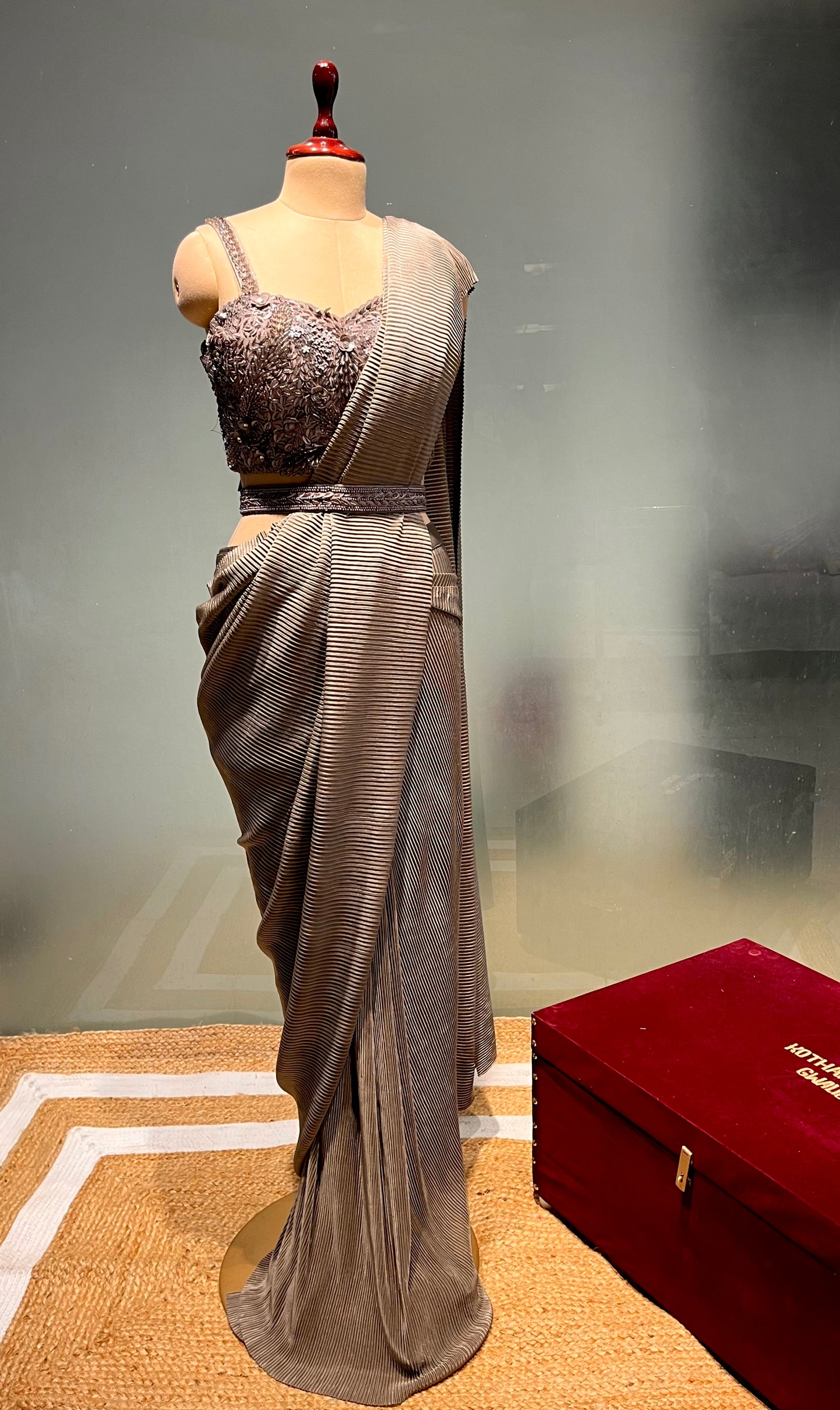 GREY COLOUR PLEATED READYMADE SAREE WITH EMBROIDERED BLOUSE EMBELLISHED WITH SEQUINS & BEADS WORK