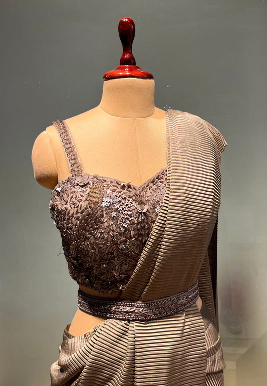 GREY COLOUR PLEATED READYMADE SAREE WITH EMBROIDERED BLOUSE EMBELLISHED WITH SEQUINS & BEADS WORK