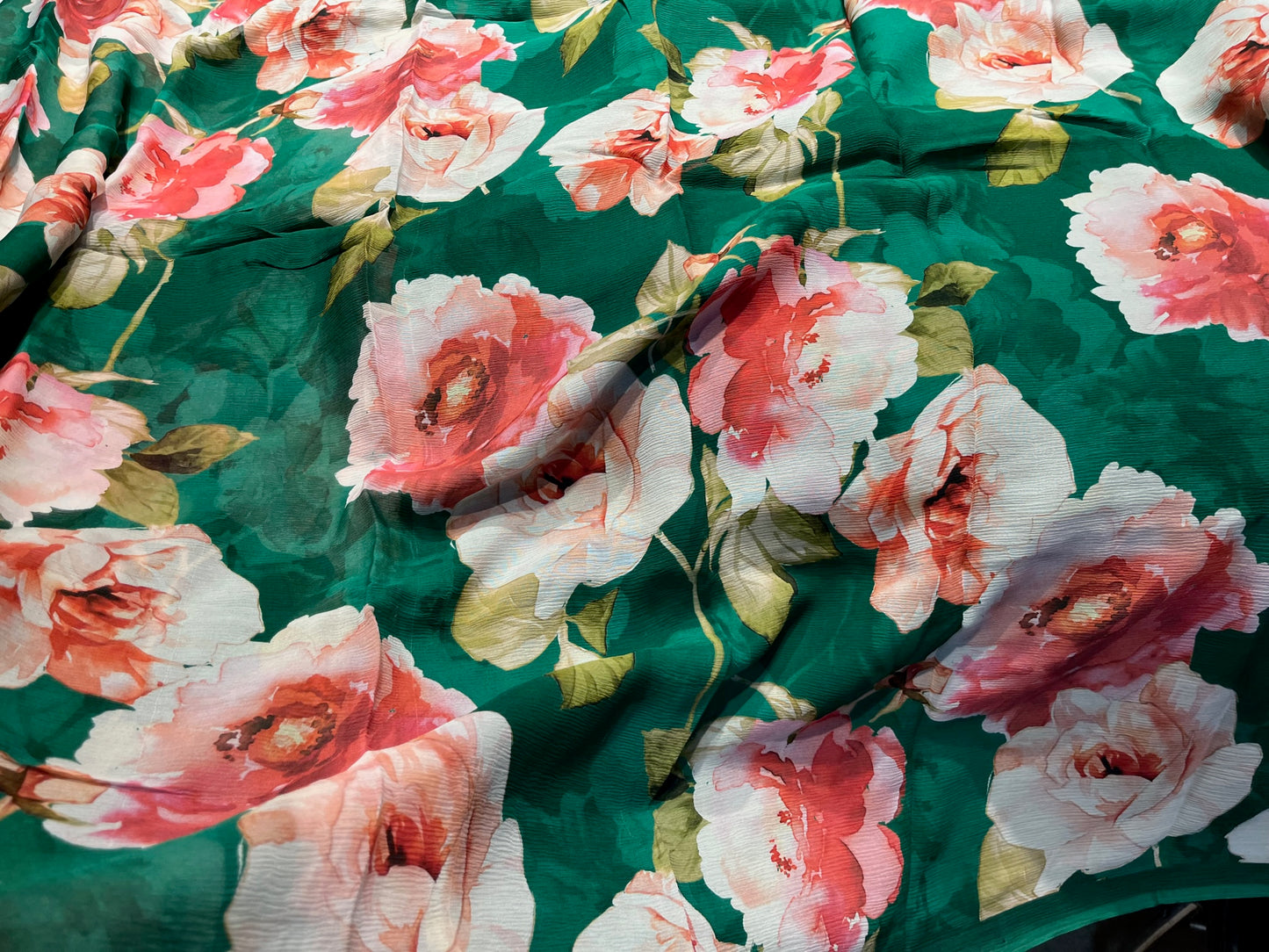 (DELIVERY IN 30 DAYS) GREEN COLOUR PURE CHIFFON FLORAL PRINTED SAREE
