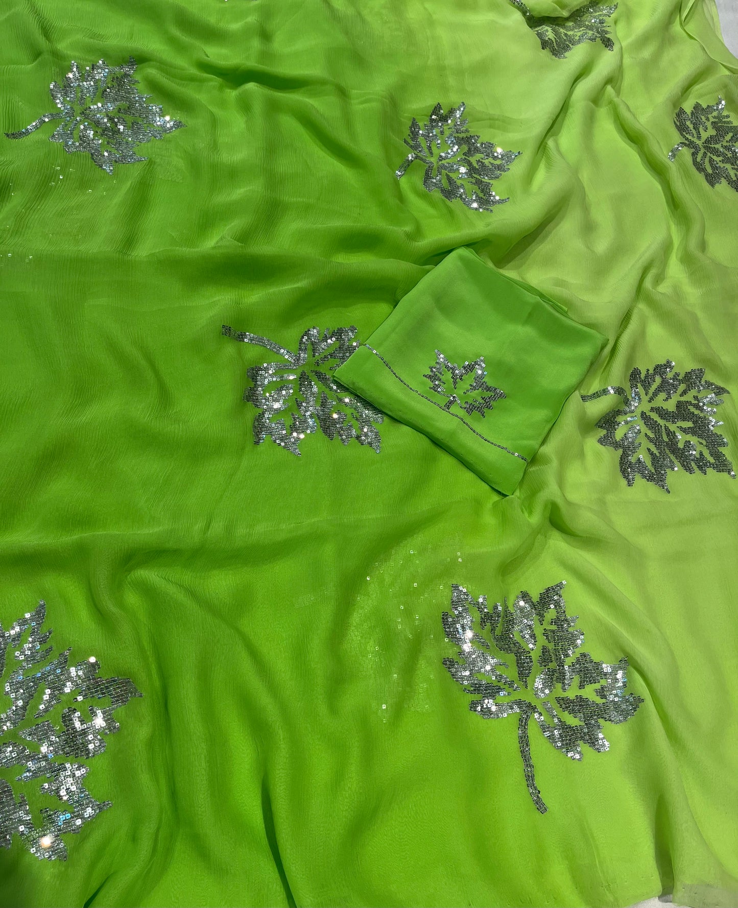 GREEN SHADED PURE PLATINUM CHIFFON HAND EMBROIDERED SAREE EMBELLISHED WITH SEQUINS WORK ( DELIVERY IN 25-30 DAYS ) - Kothari Sons