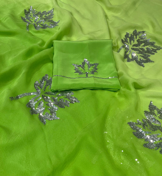 GREEN SHADED PURE PLATINUM CHIFFON HAND EMBROIDERED SAREE EMBELLISHED WITH SEQUINS WORK ( DELIVERY IN 25-30 DAYS )