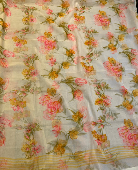 IVORY COLOUR SHADED SEMI CHIFFON FLORAL PRINTED SAREE