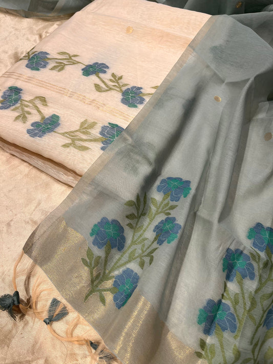 BEIGE COLOUR TANT DHAKAI JAMDANI UNSTITCHED SUIT WITHOUT BOTTOM ( DRESS MATERIAL )