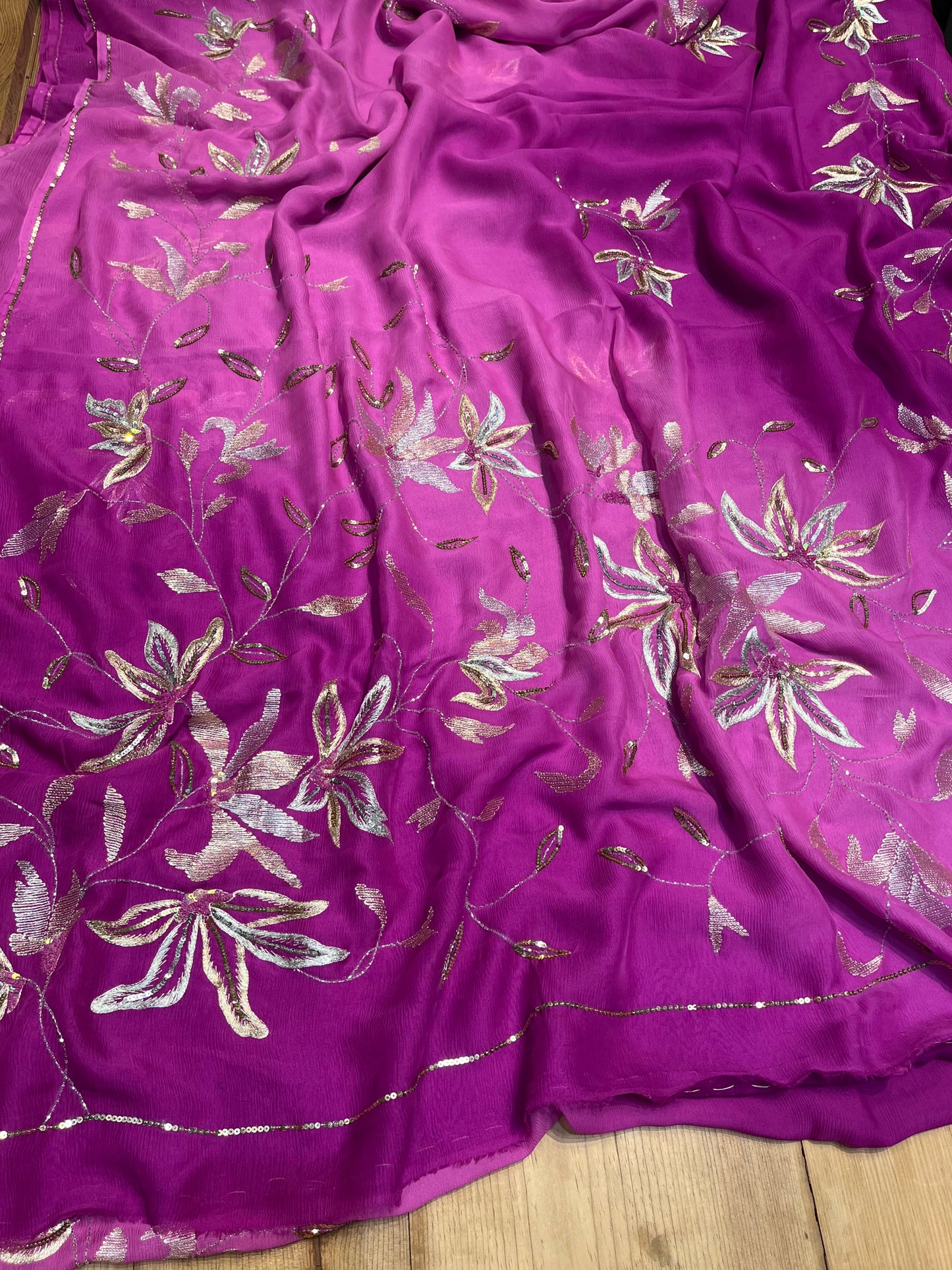 (Delivered In 30 Days ) IN PURPLE COLOUR PURE CHIFFON HAND EMBROIDERED SAREE EMBELLISHED WITH AARI & SEQUINS WORK