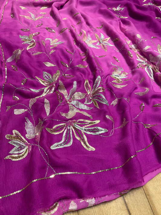 (Delivered In 30 Days ) IN PURPLE COLOUR PURE CHIFFON HAND EMBROIDERED SAREE EMBELLISHED WITH AARI & SEQUINS WORK