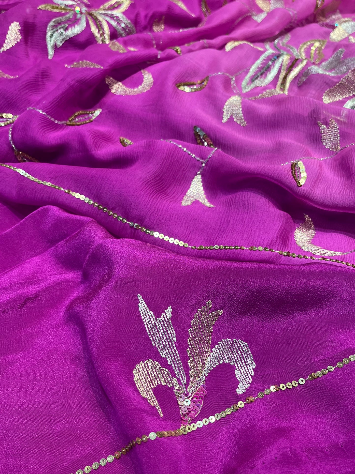 (Delivered In 30 Days ) IN PURPLE COLOUR PURE CHIFFON HAND EMBROIDERED SAREE EMBELLISHED WITH AARI & SEQUINS WORK