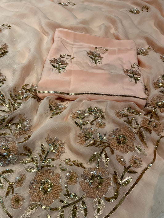 PEACH COLOUR PURE CHIFFON HAND EMBROIDERED SAREE EMBELLISHED WITH SEQUINS & AARI WORK ( DELIVERY IN 25-30 DAYS )
