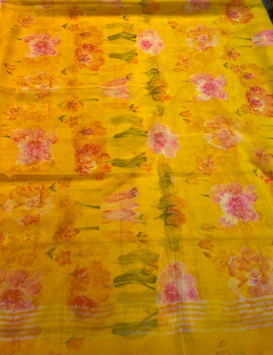 YELLOW COLOUR SHADED SEMI CHIFFON FLORAL PRINTED SAREE