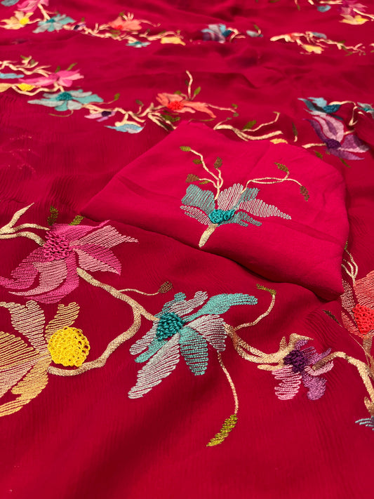 HOT PINK COLOUR PURE PLATINUM HAND EMBROIDERED CHIFFON SAREE EMBELLISHED WITH ZARI & RESHAM WORK ( DELIVERY IN 25-30 DAYS )