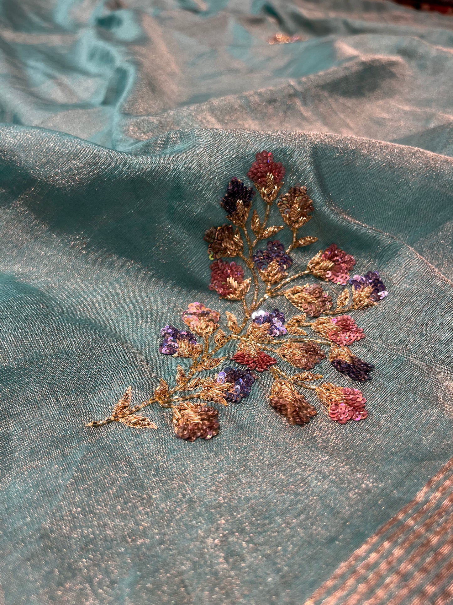 SKY BLUE COLOUR CHANDERI TISSUE HAND EMBROIDERED SAREE EMBELLISHED WITH SEQUINS & CUTDANA WORK