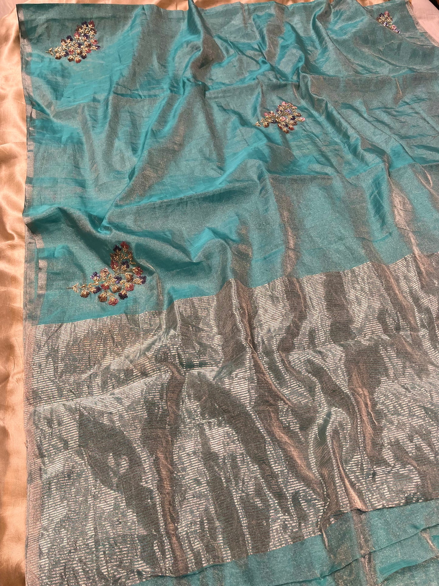 SKY BLUE COLOUR CHANDERI TISSUE HAND EMBROIDERED SAREE EMBELLISHED WITH SEQUINS & CUTDANA WORK
