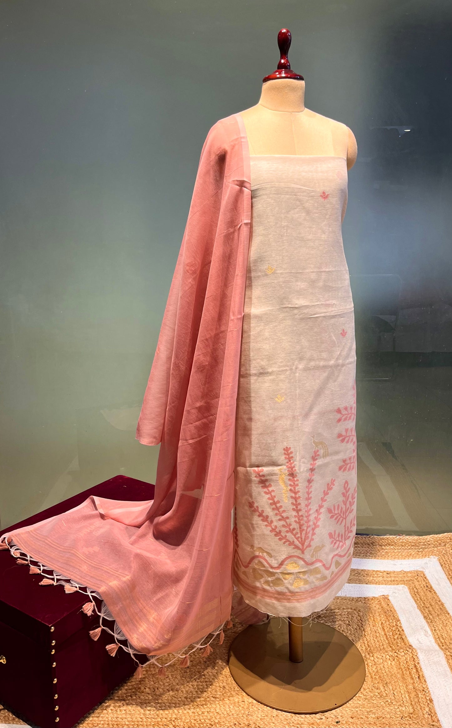 BEIGE COLOUR TANT DHAKAI JAMDANI UNSTITCHED SUIT WITHOUT BOTTOM ( DRESS MATERIAL )