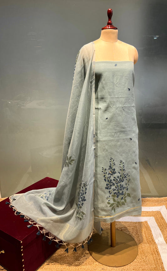 AQUA COLOUR TANT DHAKAI JAMDANI UNSTITCHED SUIT WITHOUT BOTTOM ( DRESS MATERIAL )