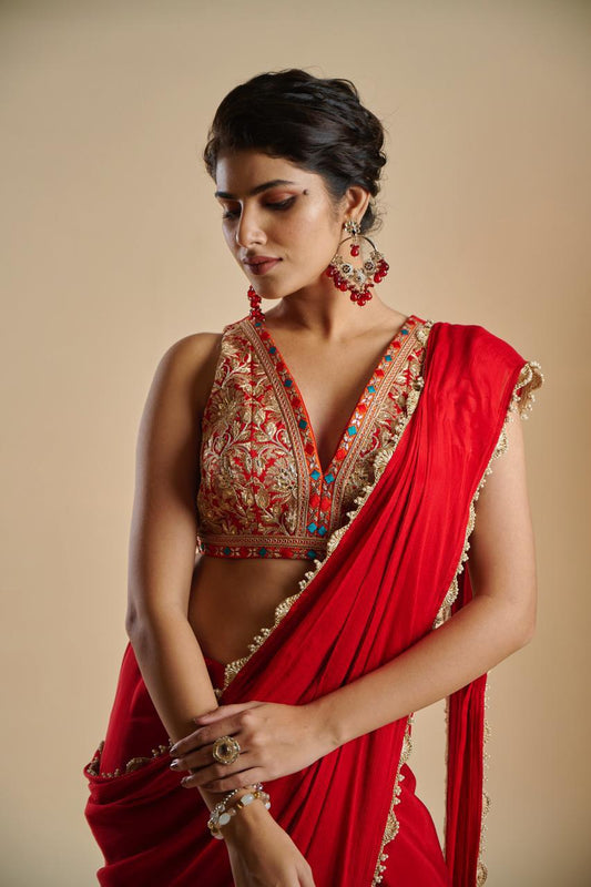 (DELIVERY IN 30 DAYS) RED COLOUR CHINON FABRIC READYMADE SAREE WITH READYMADE BLOUSE