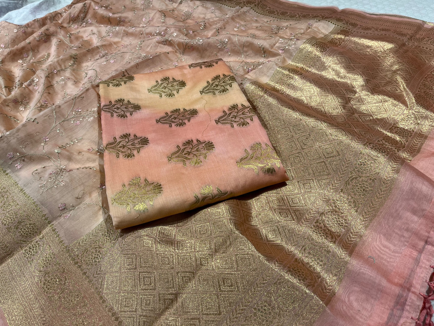 PEACH COLOUR RANGKAT UNSTITCHED SUIT WITH RESHAM EMBROIDERED DUPATTA