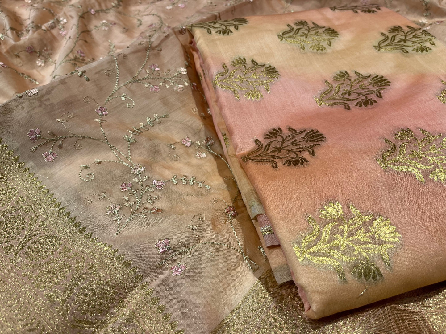 PEACH COLOUR RANGKAT UNSTITCHED SUIT WITH RESHAM EMBROIDERED DUPATTA