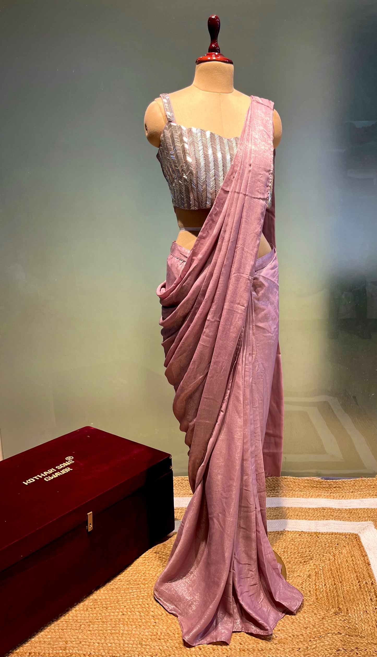 MAUVE COLOUR SHIMMER READYMADE SAREE WITH EMBROIDERED BLOUSE EMBELLISHED WITH CUTDANA WORK