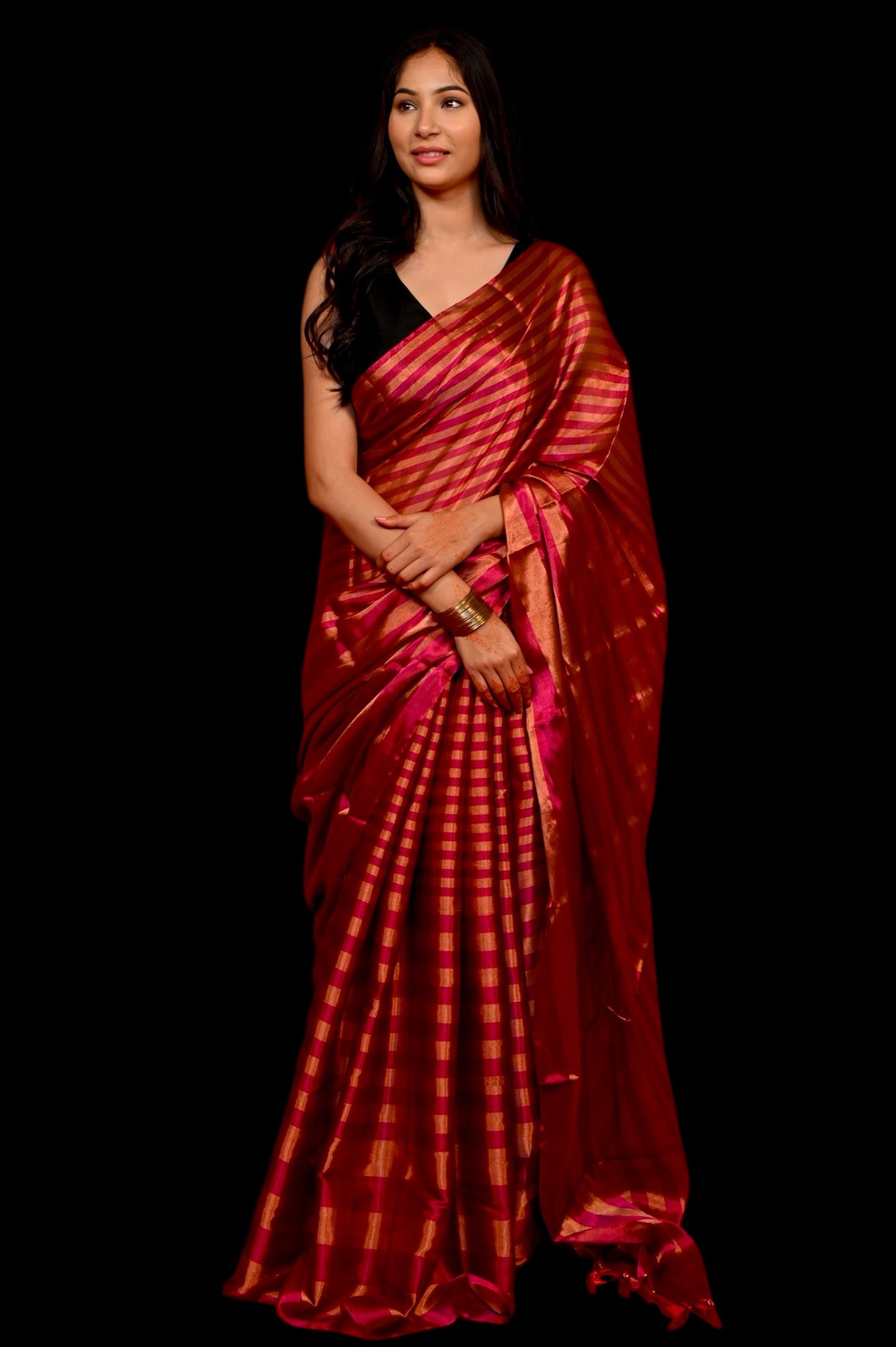 MAGENTA & COPPER COLOUR STRIPES CHANDWRI TISSUE HANDLOOM SAREE WITH MATCHING BLOUSE