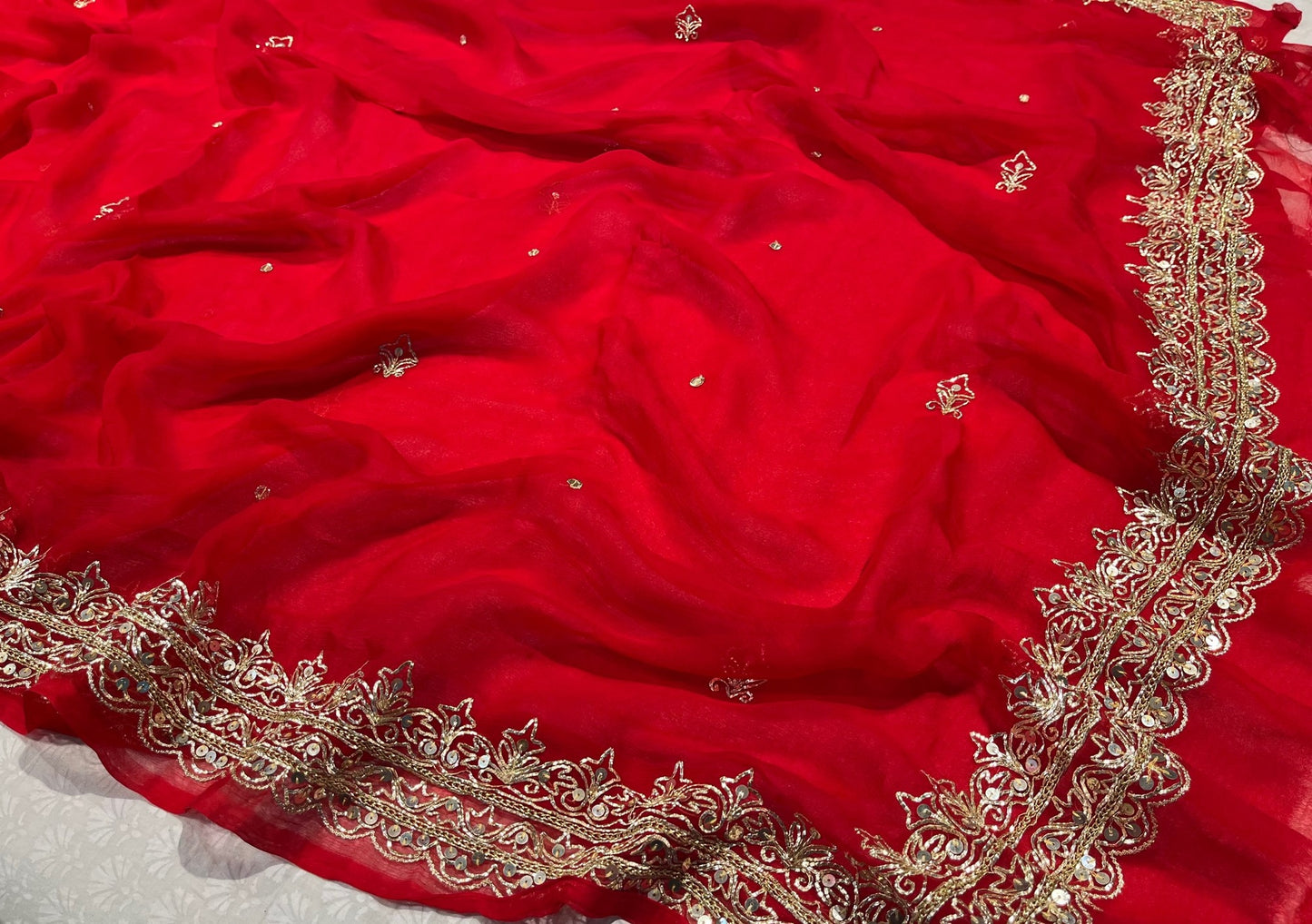 (Delivered In 30 Days ) RED COLOUR PURE CHIFFON HAND EMBROIDERED WORK SAREE EMBELLISHED WITH SEQUINS & PITTA WORK