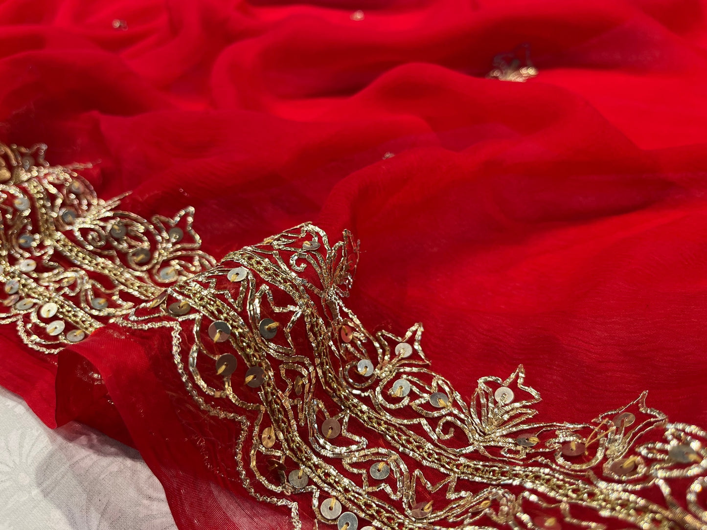 (Delivered In 30 Days ) RED COLOUR PURE CHIFFON HAND EMBROIDERED WORK SAREE EMBELLISHED WITH SEQUINS & PITTA WORK
