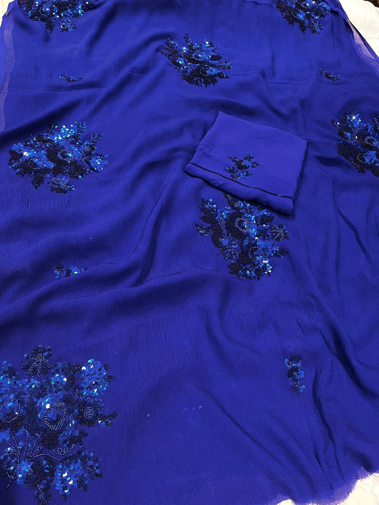 PURE PLATINUM CHIFFON HAND EMBROIDERED SAREE EMBELLISHED WITH SEQUINS & BEADS WORK ( DELIVERY IN 25-30 DAYS ) - Kothari Sons