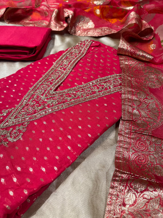 HOT PINK COLOUR ORGANZA UNSTITCHED SUIT WITH PRINTED BANARASI DUPATTA