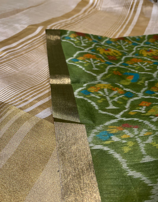 IVORY ART TUSSAR SILK SAREE WITH CONTRAST PATOLA UNSTITCHED BLOUSE - Kothari Sons