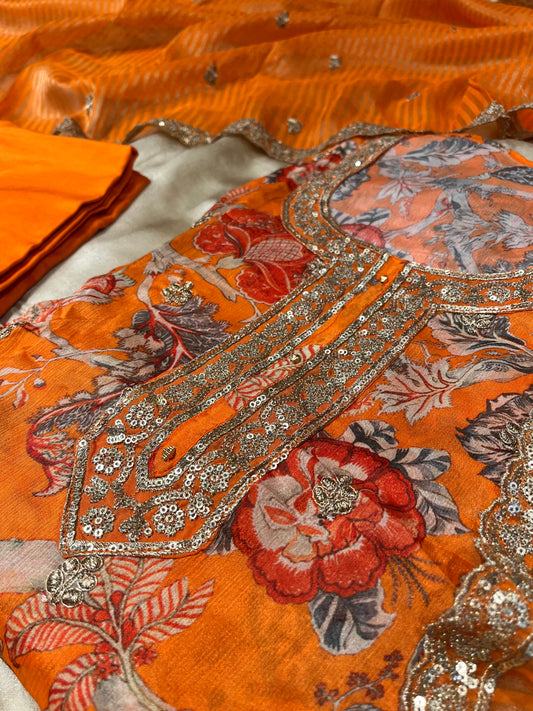 ORANGE COLOUR CHINON PRINTED UNSTITCHED SUIT WITH ORGANZA TISSUE DUPATTA EMBELLISHED WITH SEQUINS & ZARI WORK
