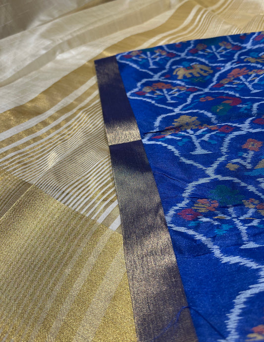 IVORY COLOUR ART TUSSAR SILK SAREE WITH CONTRAST PATOLA UNSTITCHED BLOUSE - Kothari Sons