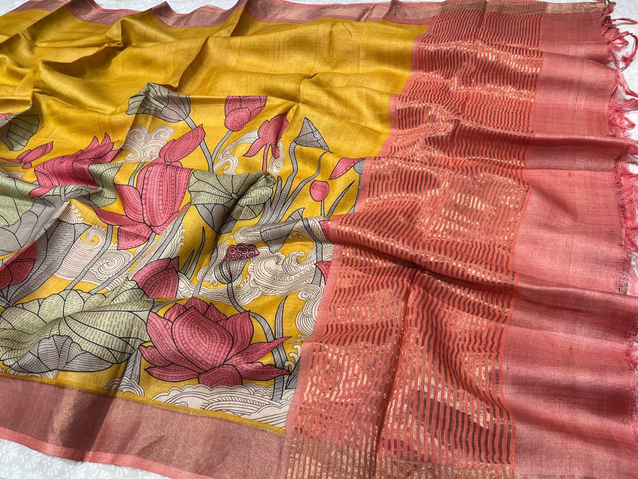 (DELIVERY IN 25 DAYS) MUSTARD COLOUR TUSSAR SILK PRINTED SAREE WITH ZARI BORDER