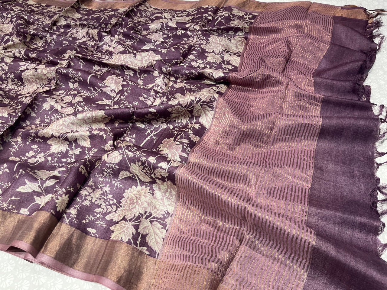 (DELIVERY IN 25 DAYS) PURPLE COLOUR TUSSAR SILK PRINTED SAREE WITH ZARI BORDER