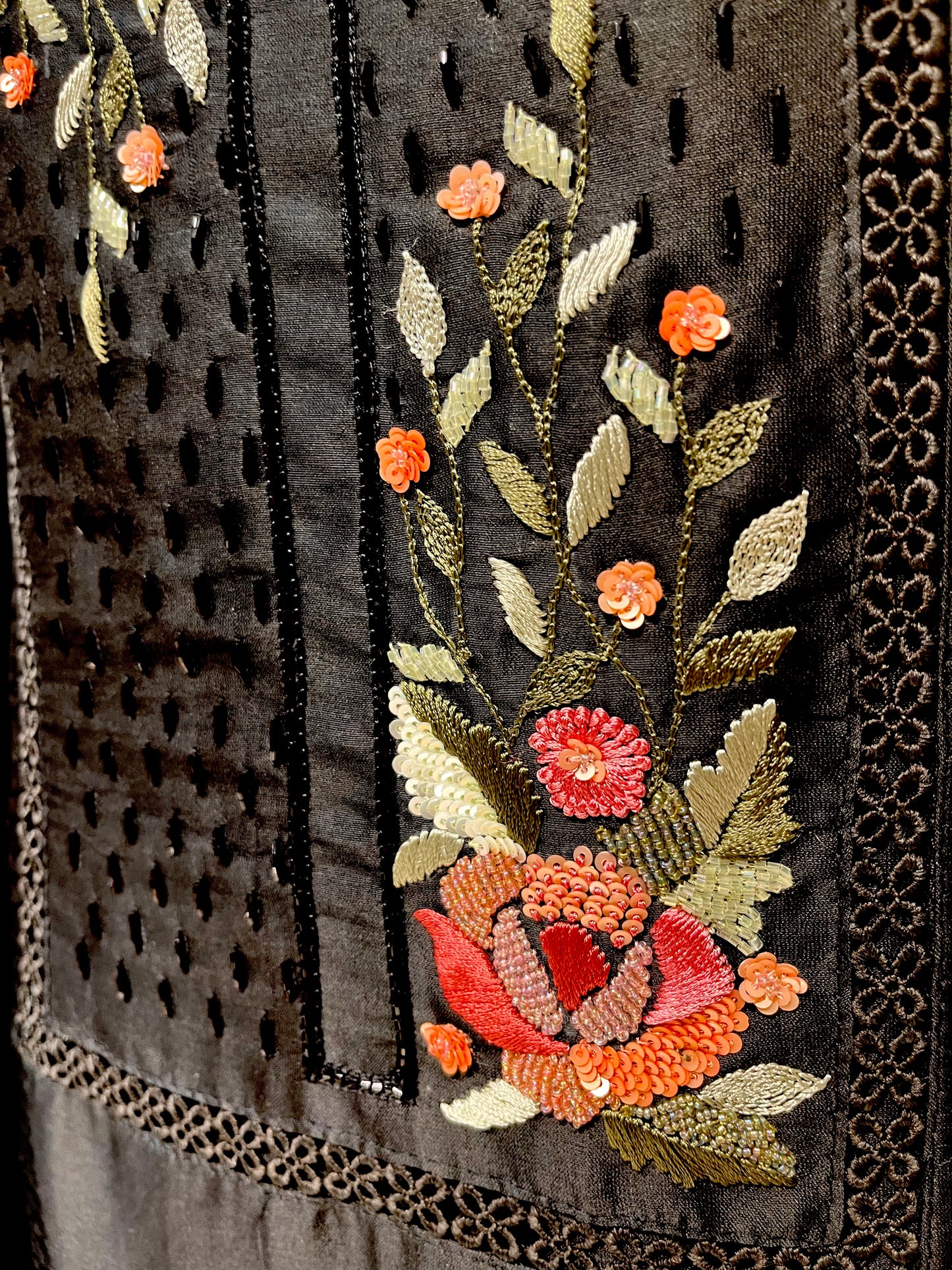 ( DELIVERY IN 25 DAYS ) BLACK CHANDERI SILK UNSTITCHED SUIT WITH ORGANZA DUPATTA EMBELLISHED WITH CROSS STITCHED & CUTDANA WORK