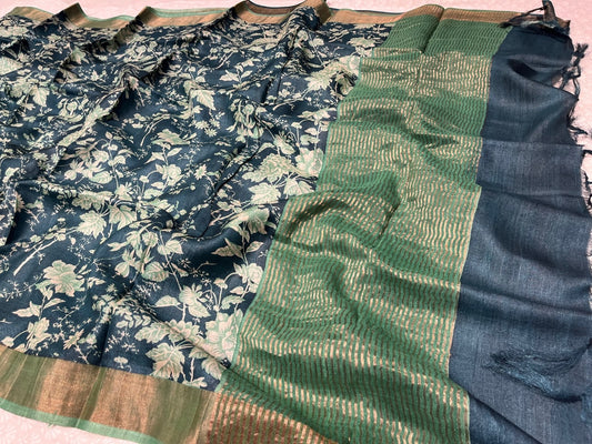 (DELIVERY IN 25 DAYS) PEACOCK BLUE COLOUR TUSSAR SILK PRINTED SAREE WITH ZARI BORDER